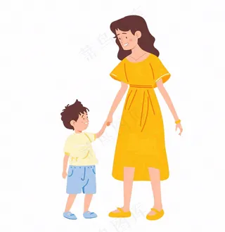 妈妈牵着小孩母子母亲节卡通插画免抠