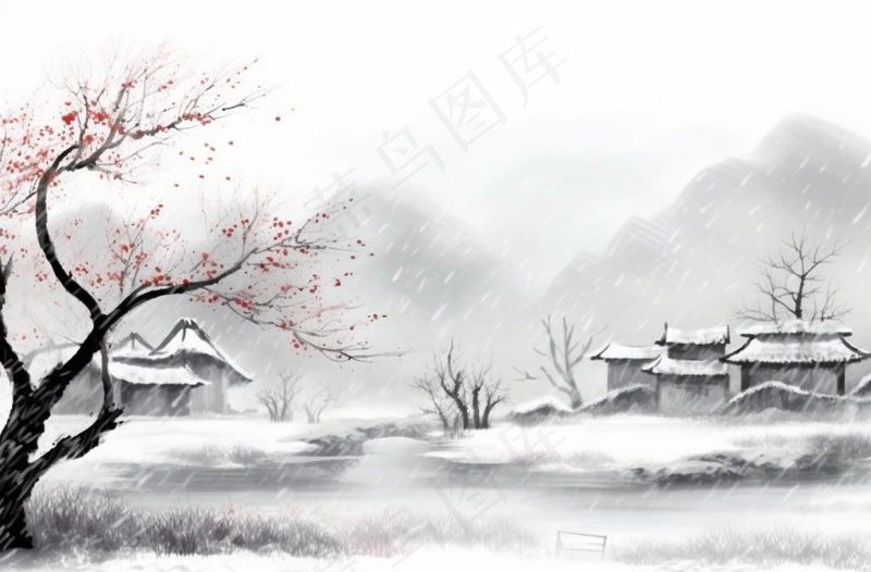 冬季山水梅花山峰水墨画中国风插画背景(1360x896)