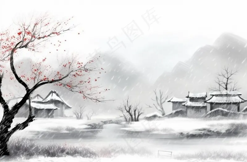 冬季山水梅花山峰水墨画中国风插画背景(1360x896)