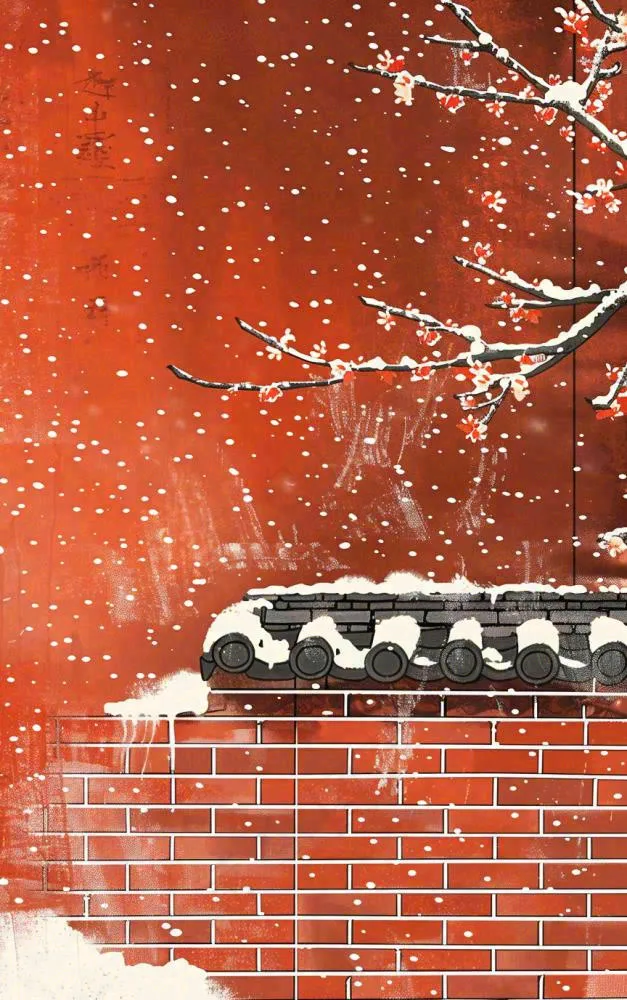 红色宫墙高处梅花枝条小雪大雪冬至古风中国风插画背景(864x1376)