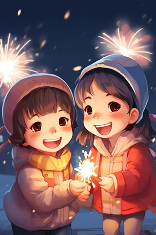 新年除夕放烟花爆竹的孩童庆祝新年喜庆卡通插画背景