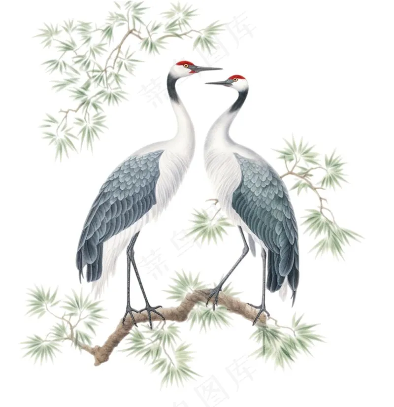 一对仙鹤站在松树上古风插画免抠(1024x1056)