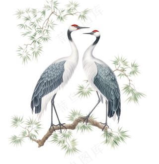 一对仙鹤站在松树上古风插画免抠