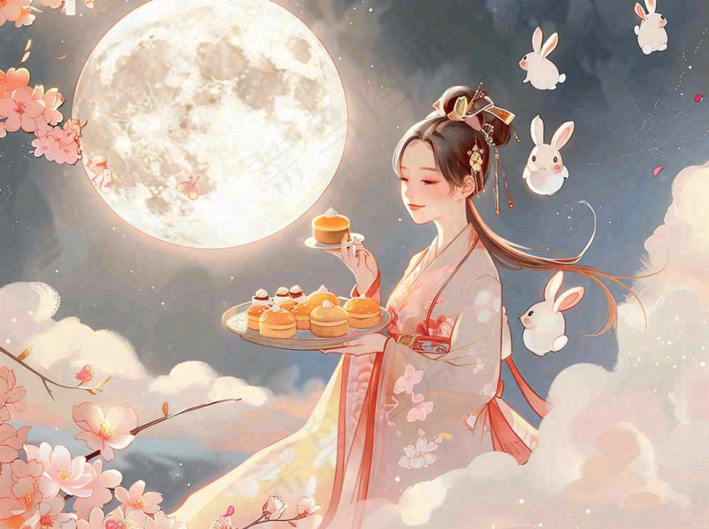 中秋节嫦娥玉兔月下嫦娥手捧月饼插图卡通唯美手绘可爱古风插画壁纸背景