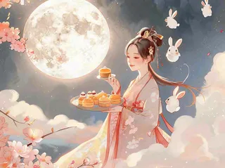 中秋节嫦娥玉兔月下嫦娥手捧月饼插图卡通唯美手绘可爱古风插画壁纸背景