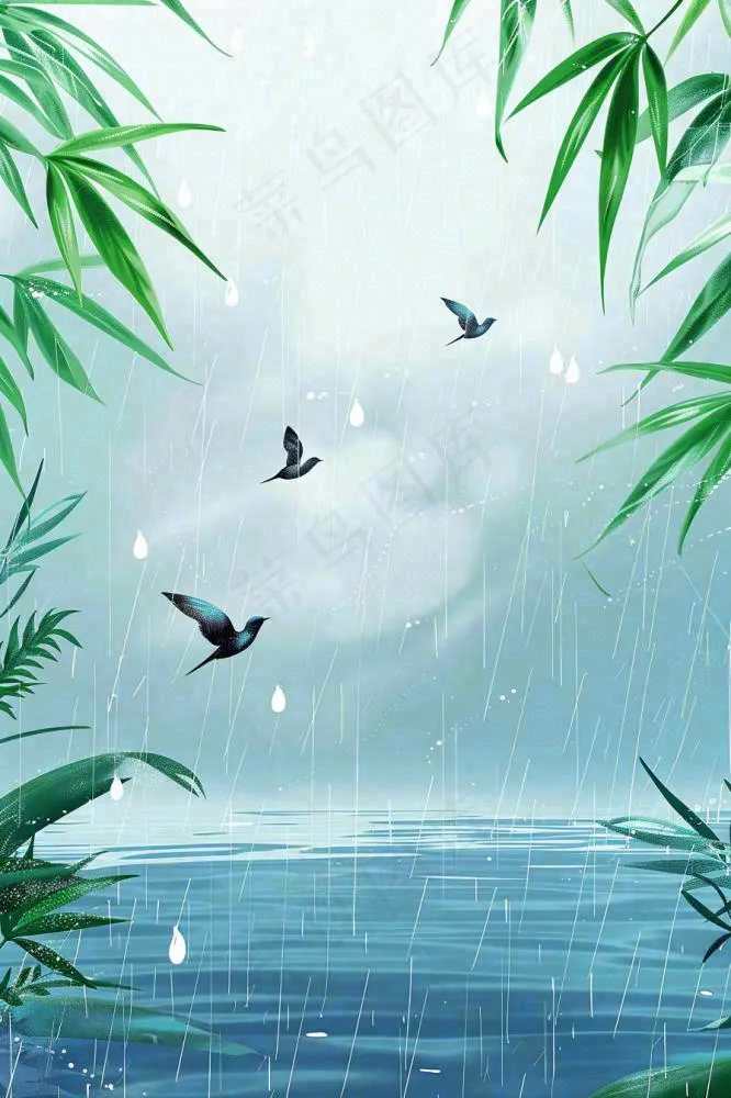 春天大雨磅礴绿叶植物燕子雨滴敲打水面雨水谷雨卡通插画背景(896x1344)