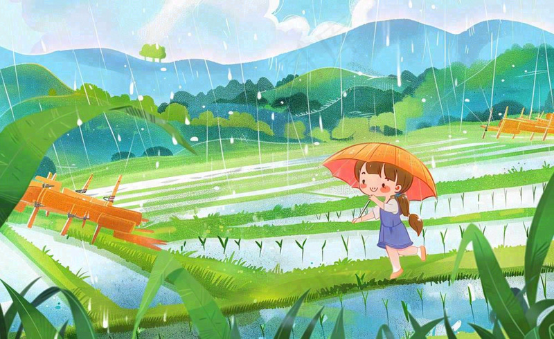 卡通女孩人物打雨伞春游踏青节气雨水谷雨春天春分绿色卡通插画背景(1408x864)