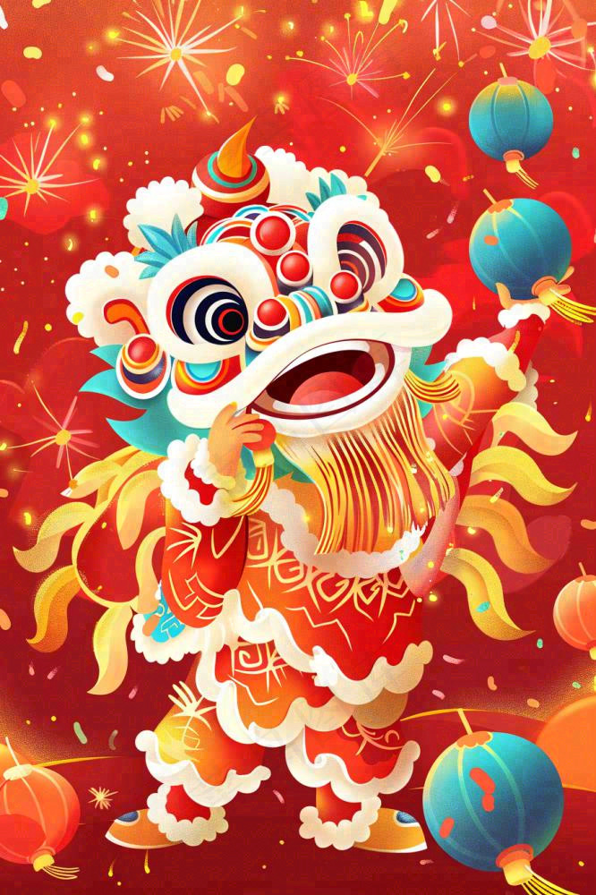 新年舞狮舞龙喜庆节日红色插画背景(896x1344)