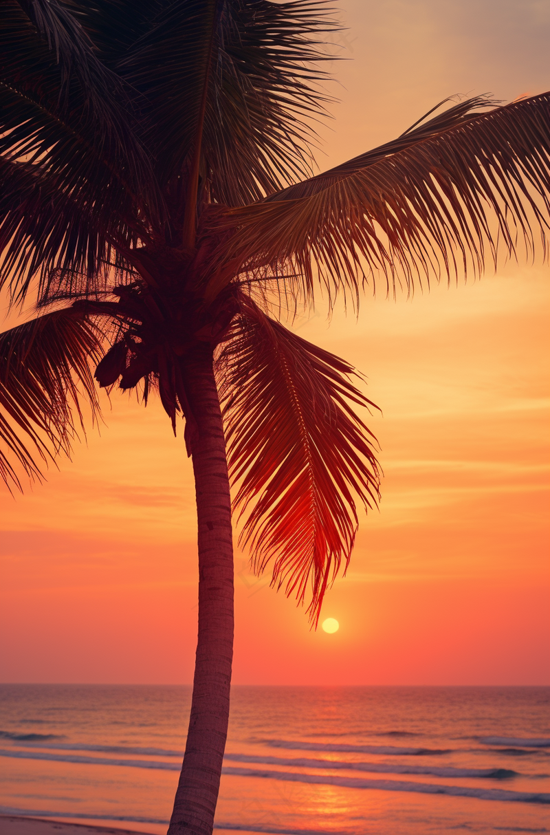 海边沙滩夕阳晚霞日出椰树摄影图