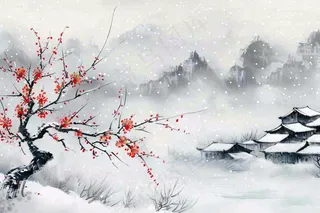 冬天山林里的小村庄红梅花白雪覆盖国风水墨画立冬冬至小雪大雪插画