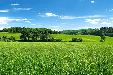 春天草原草坪蓝天白云摄影图