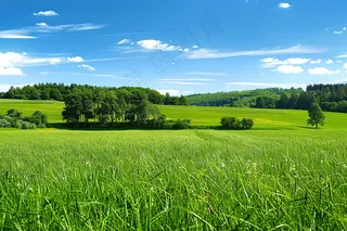 春天草原草坪蓝天白云摄影图