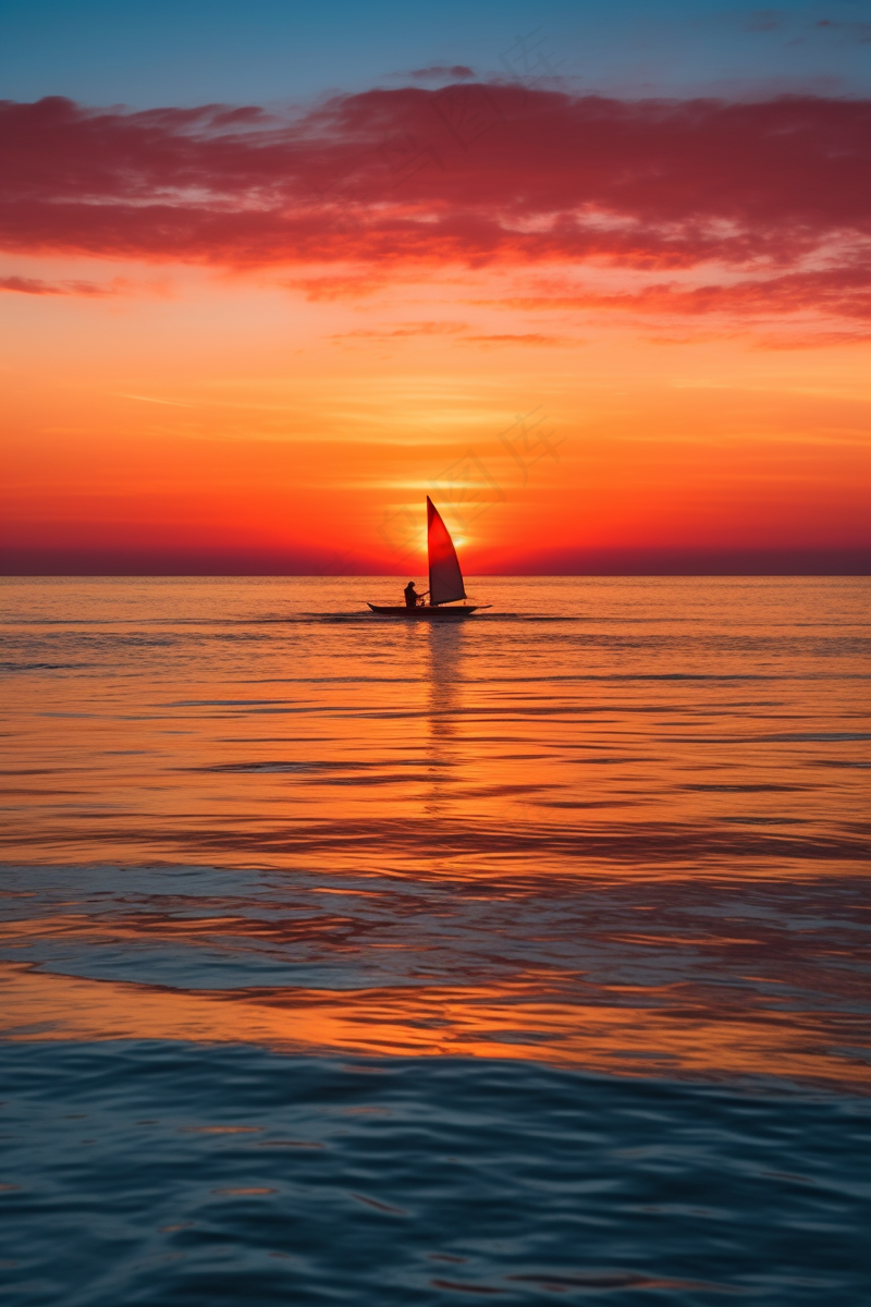夕阳落日下海洋海面帆船余晖倒影美景摄影图(2688x4032)
