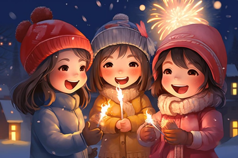 新年除夕放烟花爆竹的孩童庆祝新年喜庆卡通插画背景(1344x896)