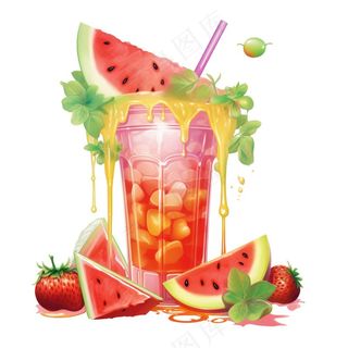 西瓜汁冰镇饮料水果茶卡通插画插图免抠