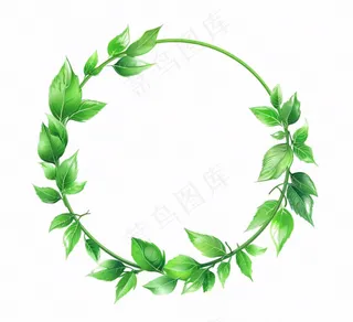 绿叶花环圆形边框水彩画免抠