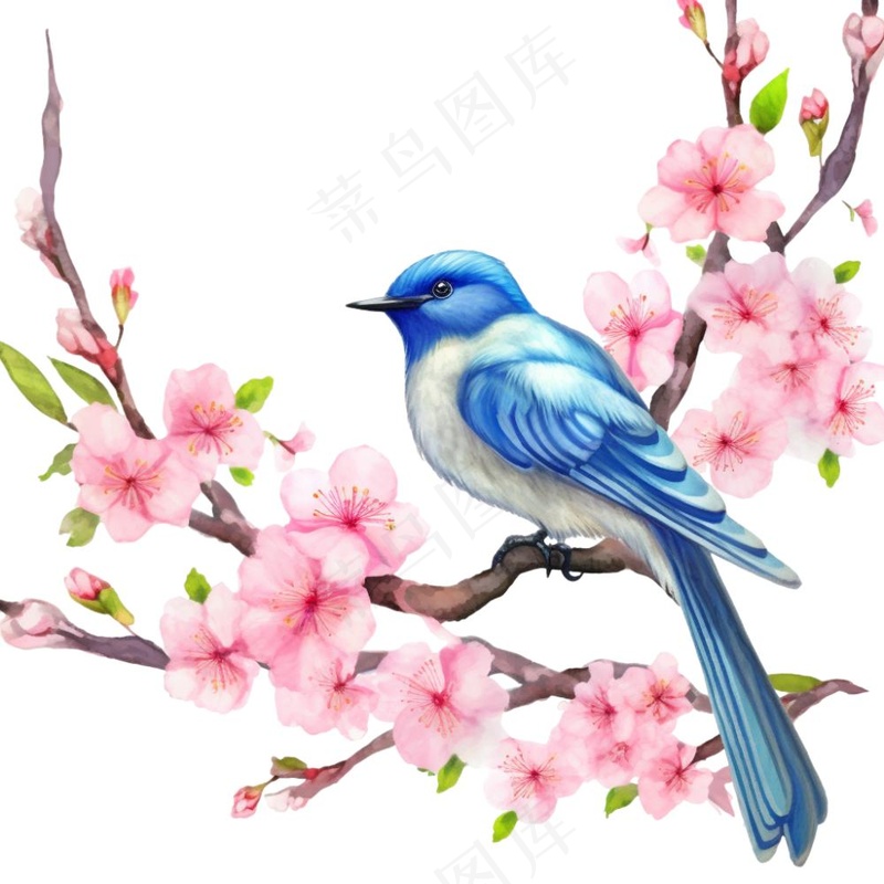 春桃花樱花树枝蓝鸟水彩画卡通插画免抠(1024x1024)
