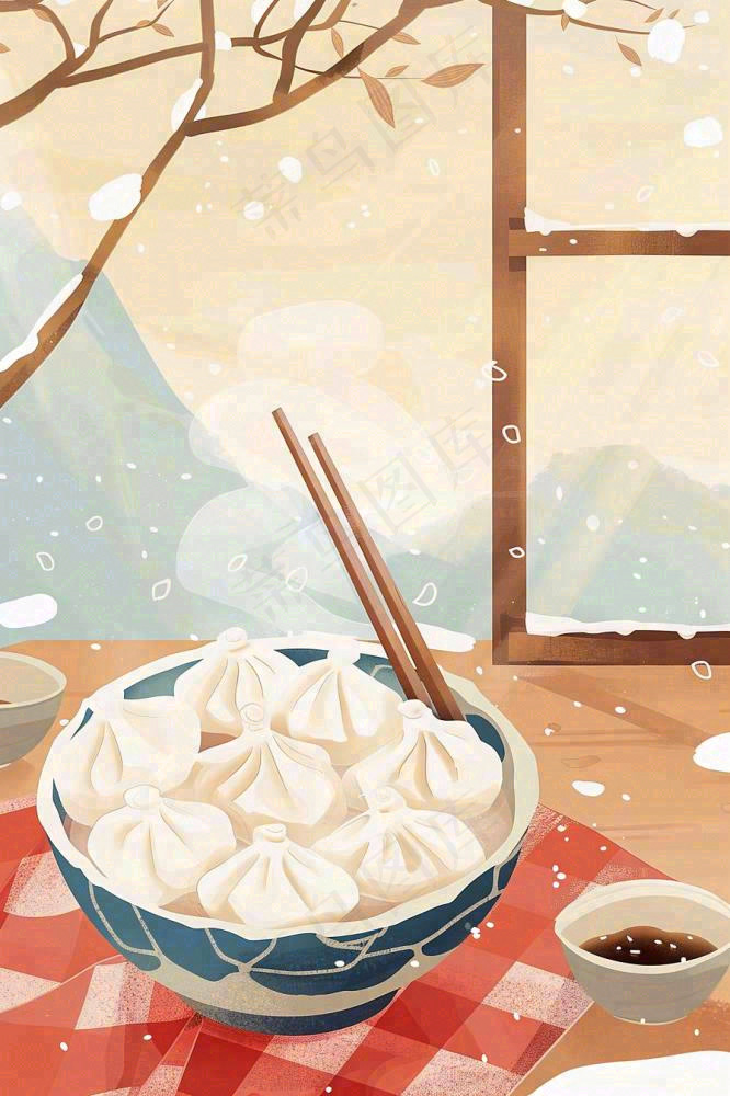 冬至吃饺子中国传统美食节日插画背景(896x1344)