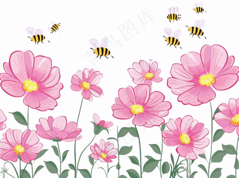 粉色花朵花丛采蜜的蜜蜂昆虫卡通插画免抠(1264x944)