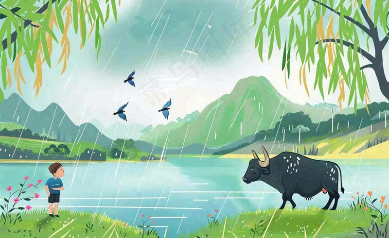 春天下雨天牧童放牛河流柳树雨水谷雨清明卡通插画背景(1408x864)