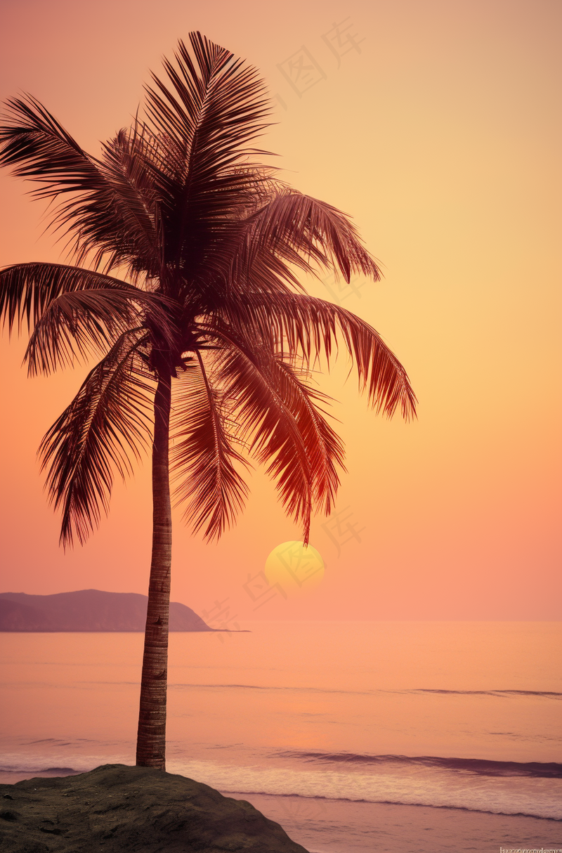 夏日沙滩椰树海边落日余晖晚霞摄影图