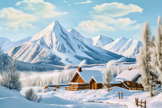 雪山乡村村庄自然风光雪景摄影图