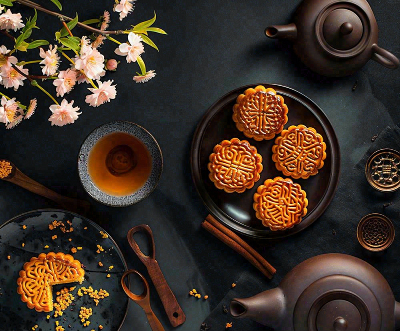 中秋美食月饼中国传统糕点摆盘装饰泡茶摄影图(1200x992)