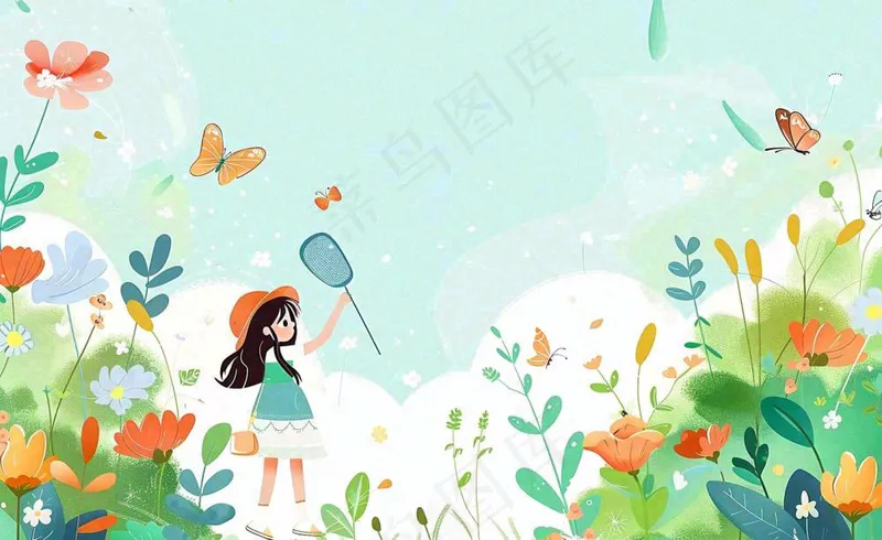 春天女孩在花丛里扑蝴蝶玩耍儿童节踏青春分插画背景(1408x864)
