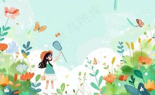 春天女孩在花丛里扑蝴蝶玩耍儿童节踏青春分插画背景