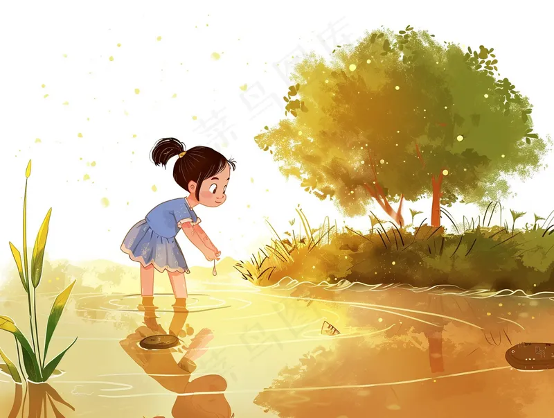 小水池玩水的小女孩卡通插画背景(3696x2784)