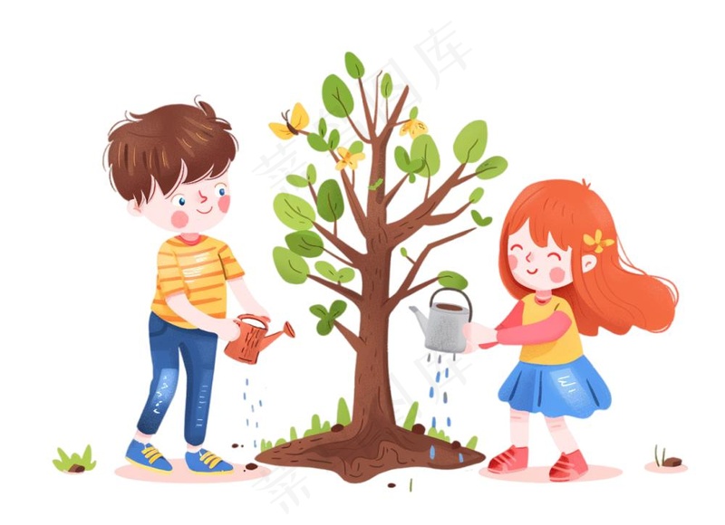 植树节学生们植树浇水爱护环境卡通插画免抠