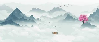 彩色手绘banner山水画22