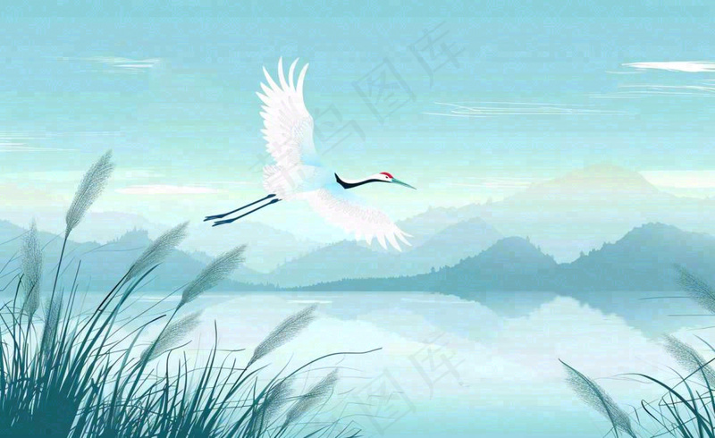 白鹭齐飞天水一色山水画芦苇荡清冷白露寒露插画背景(1408x864)