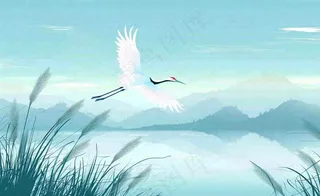 白鹭齐飞天水一色山水画芦苇荡清冷白露寒露插画背景