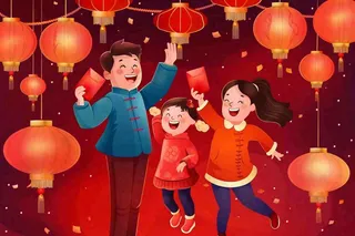 新年春节一家人出游红灯笼红包除夕元宵红色卡通插画背景