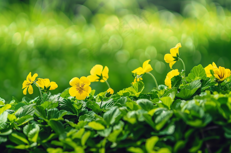 春天黄色小花朵绿色草丛摄影图