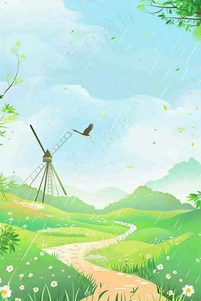 春天雨天连绵山脉风车小路草丛绿色雨水谷雨卡通插画背景(896x1344)