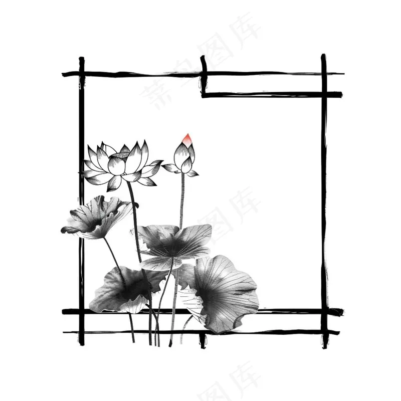 荷花莲花水墨画边框中国风插画免抠(1024x1024)