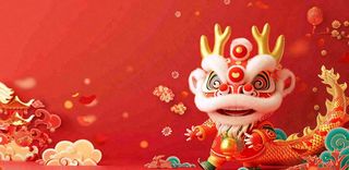 龙年新年春节张灯结彩舞狮舞龙喜庆红色立体小年元宵插画背景