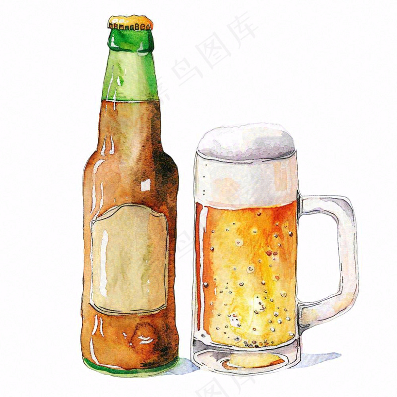 啤酒酒瓶饮料水彩画插画免抠(1024x1024)