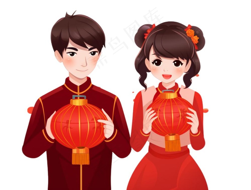 新年儿童拜年张灯结彩国潮春节红色手绘卡通插画免抠