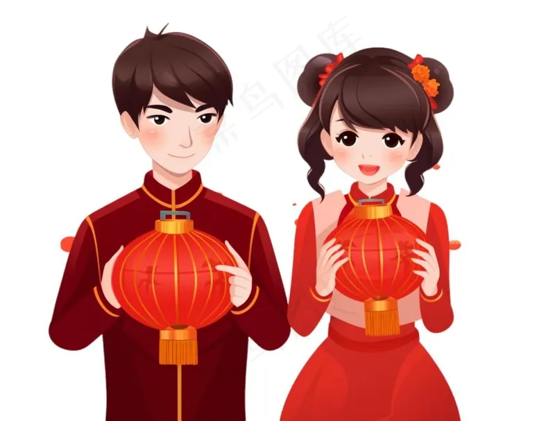 新年儿童拜年张灯结彩国潮春节红色手绘卡通插画免抠(1264x960)