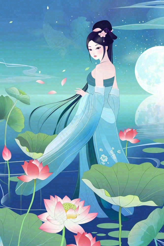 夏天古风国风古装少女荷花莲花池塘夜晚赏月夏至处暑中秋插画背景(896x1344)