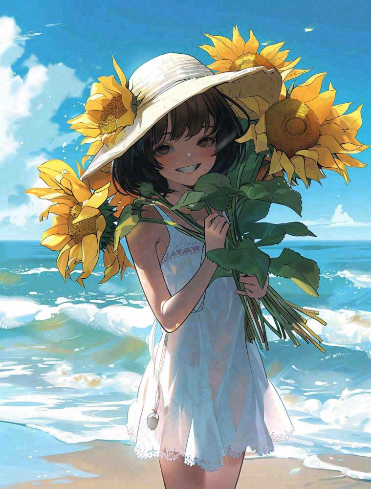 夏日海边女孩抱着一大束向日葵花束旅游游玩立夏夏至卡通插画背景(960x1264)