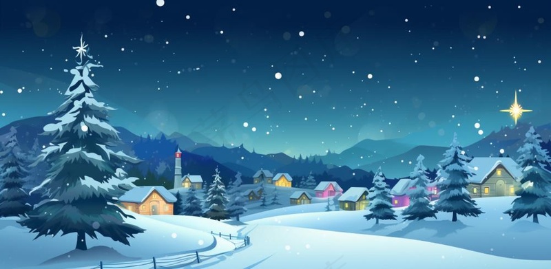 冬季雪天圣诞小镇装饰夜晚节日氛围卡通插画背景(1568x768)