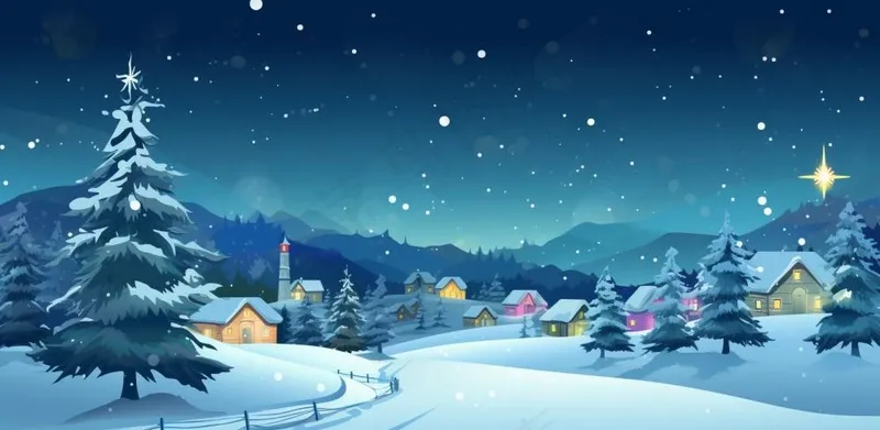 冬季雪天圣诞小镇装饰夜晚节日氛围卡通插画背景(1568x768)
