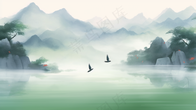 国风山水山峰云层水墨画丹青插画背景(4368x2448)