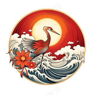 国潮仙鹤国风圆形插画免抠