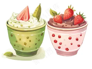 抹茶草莓奶茶奶油夏日清凉饮品卡通手绘插画免抠