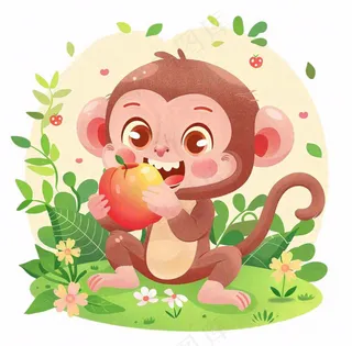猴子吃苹果丛林植物动物卡通插画免抠